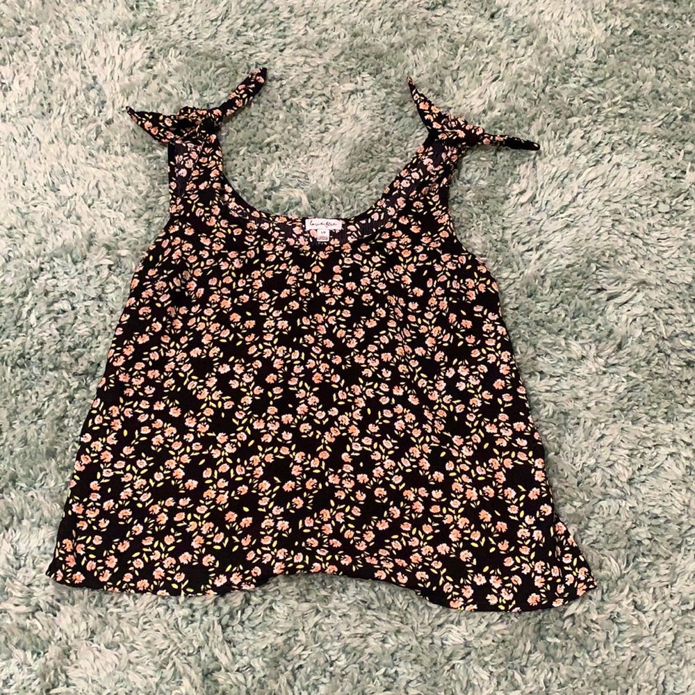 Black floral print short sleeve blouse with knots on sleeves